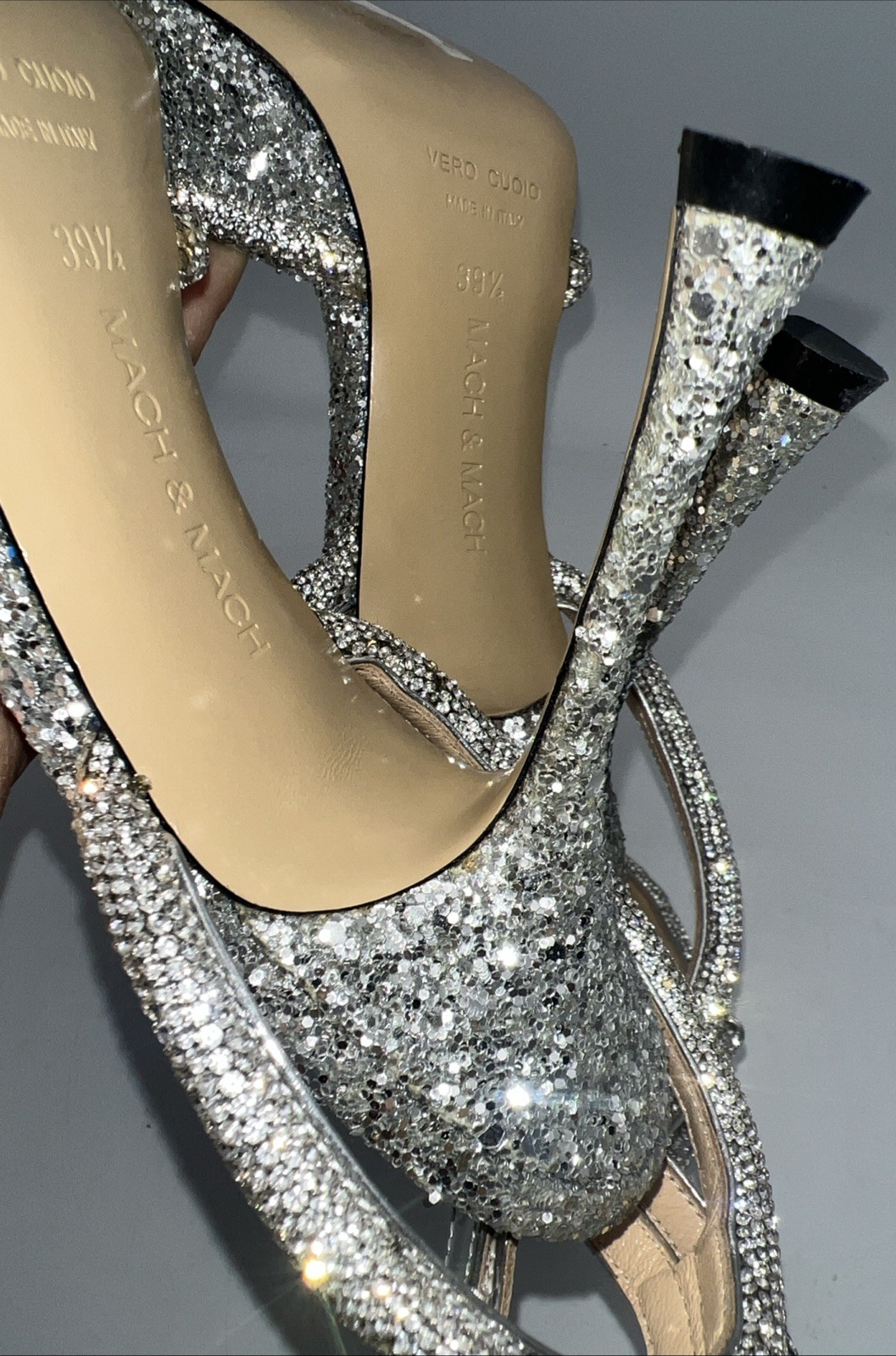Mach & Mach Double Bow Glitter Crystal Embellished Heels Leather Women’s EU 39.5