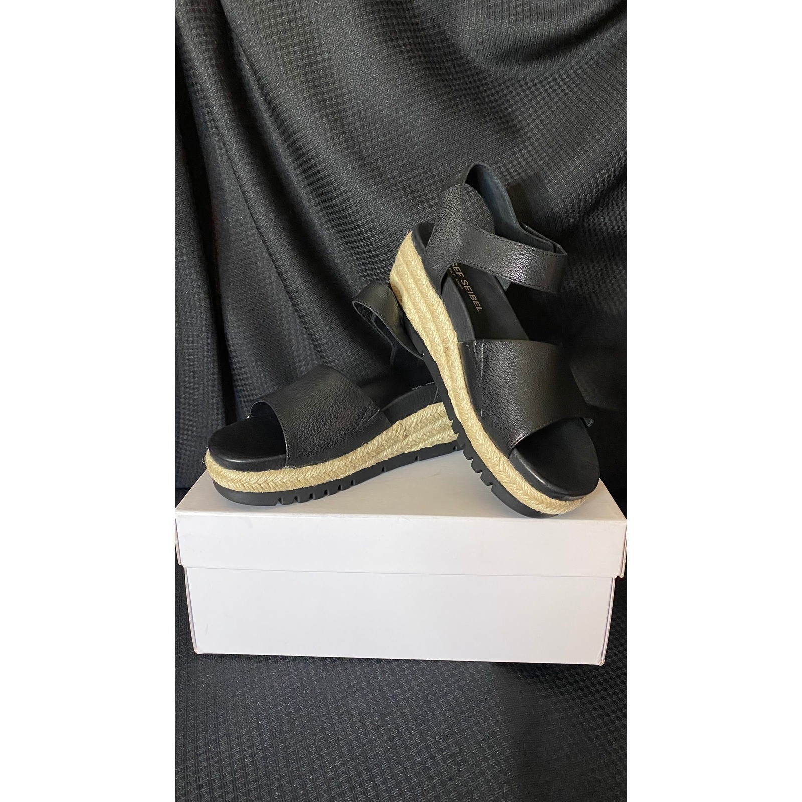 Josef Seibel Black Leather Wedge Sandals Adjustable Strap Size 37 US 6.5-7