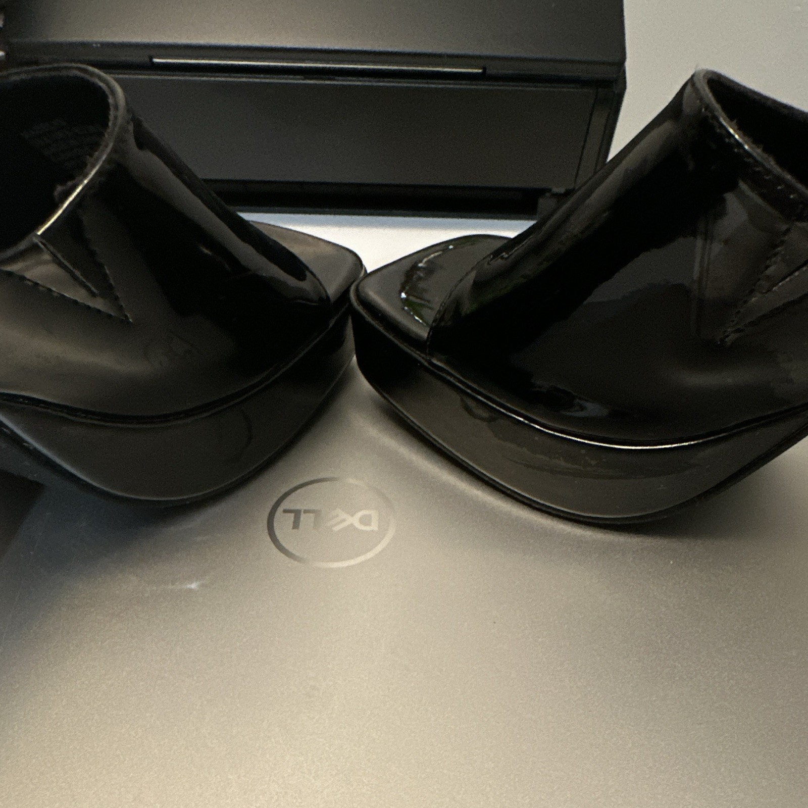 ShoeDazzle Black Patent Leather Platform Mules, Size 8
