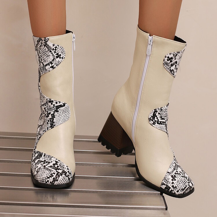 Occident Women’s Zip Square Toe Patchwork Ankle Boots Riding Dress Western Shoes