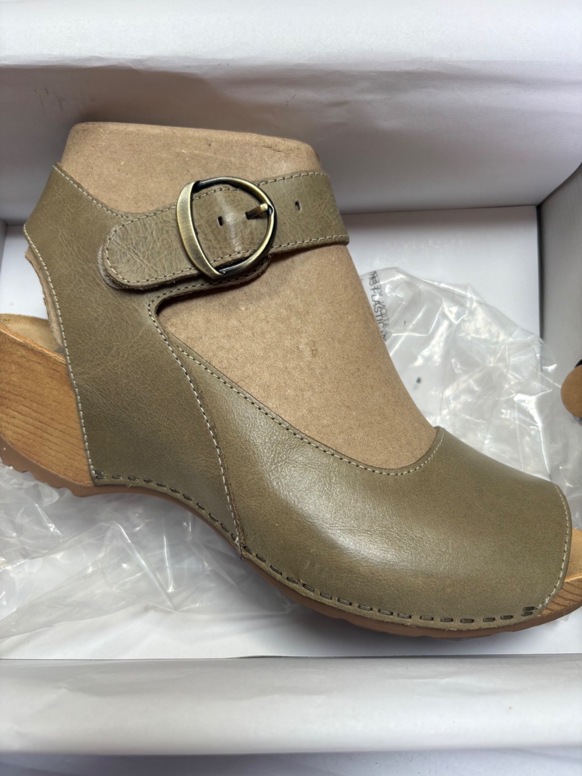 Dansko Burnished Calf Leather Wedge Sandals Tiana Khaki size EU 41, US 10-10.5