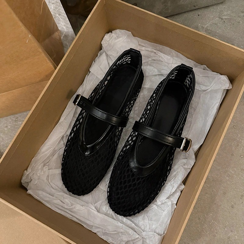 Womens Mary Jane Flats Round Toe Buckle Cut Out Mesh Casual Shoes