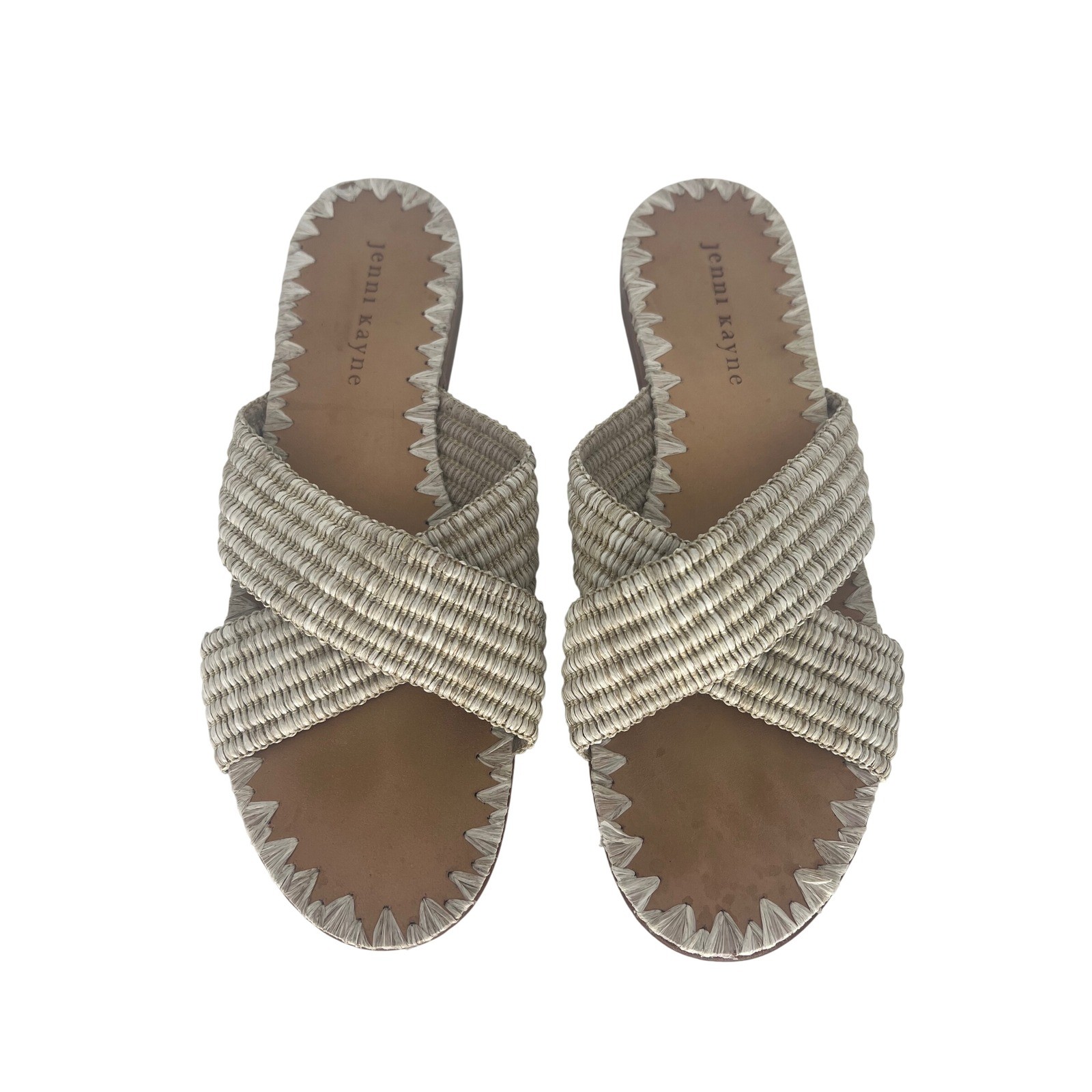 Jenni Kayne Raffia Crossover Sandals Tan Cream Woven Flat Slides Size 38