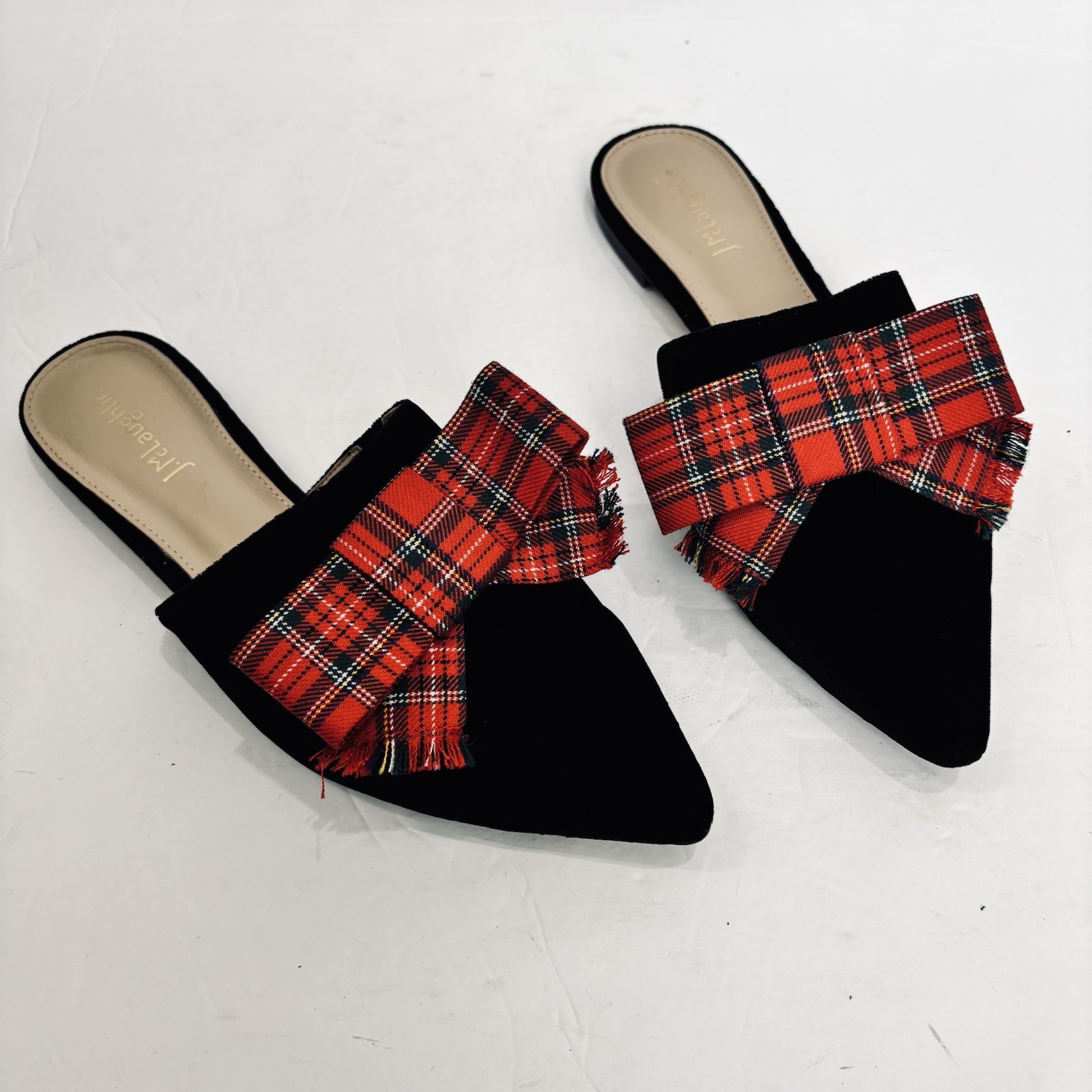 J Mclaughlin Lyon Flats Tartan Red Bow Pointed Toe Black Velvet Slide On Loafers