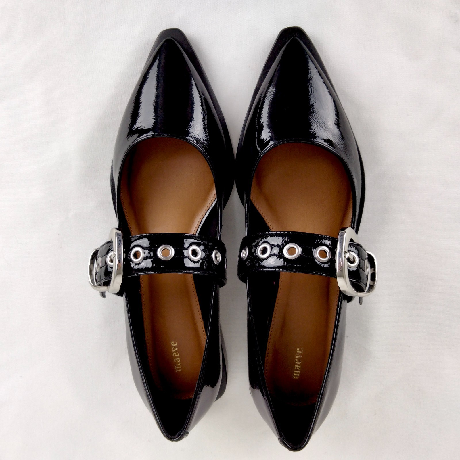 Maeve Pointed-Toe Moto Mary Jane Flats – Black Patent Leather – Size 38 US 7.5