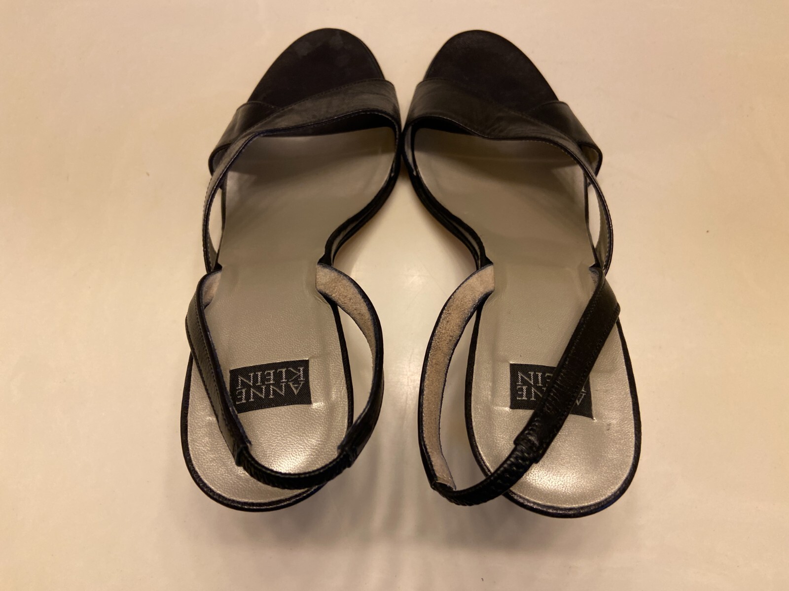 Anne Klein Black Leather Slingback Sandals Size 7 M Heels 3.25″