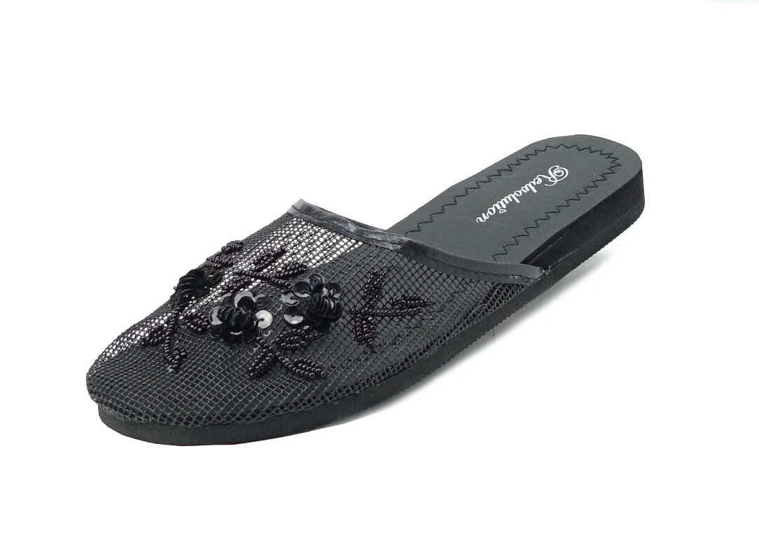 Women’s Floral Beaded Mesh Chinese Slippers – Stylish Breathable Sandals Black
