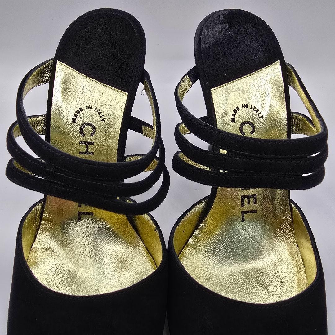 CHANEL Suede Mules Size 36 Black Gold Accents with Box and Dust Bags
