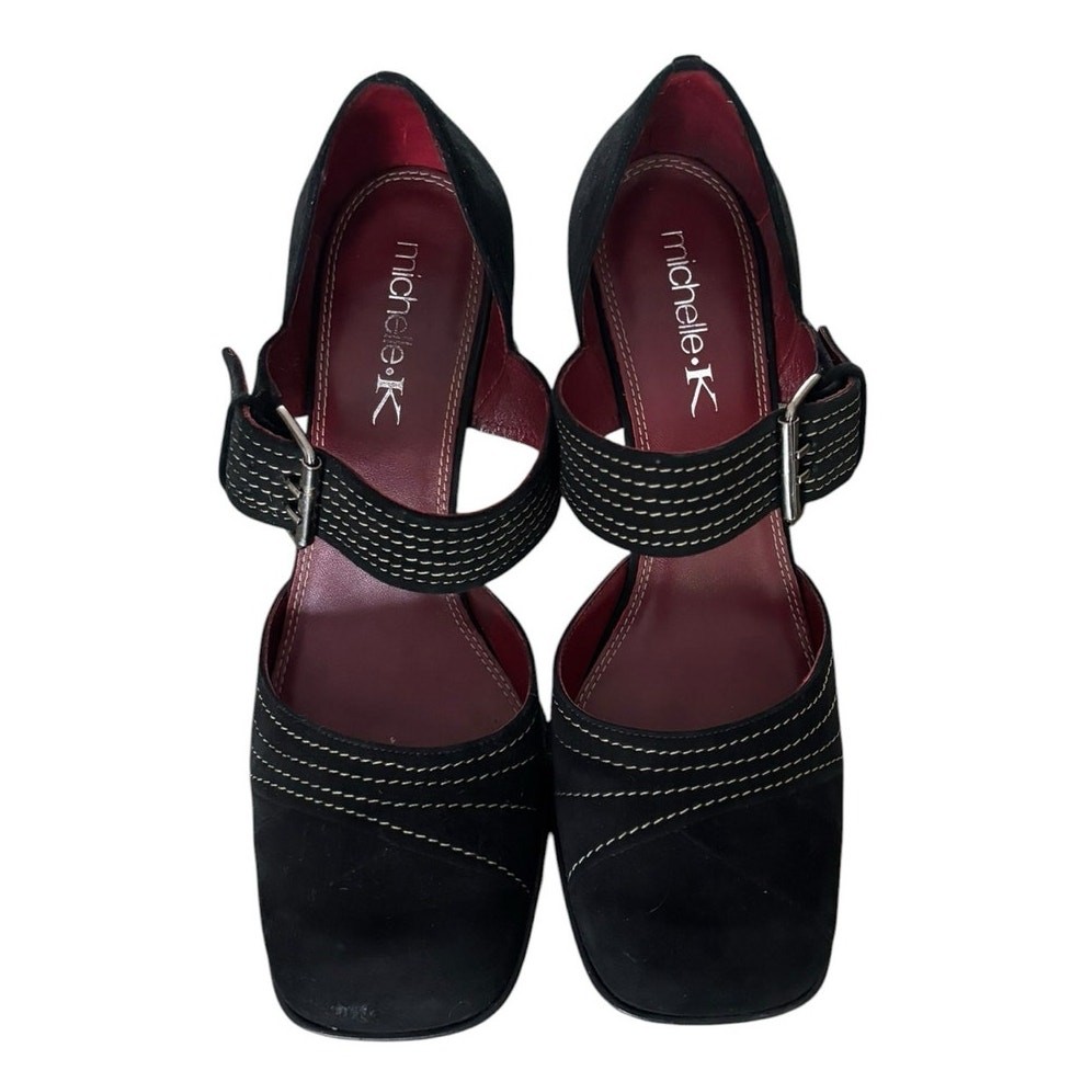 Vintage Michelle K Ankle Strap Heels Size 8.5 Black Suede Whipstitch Dance