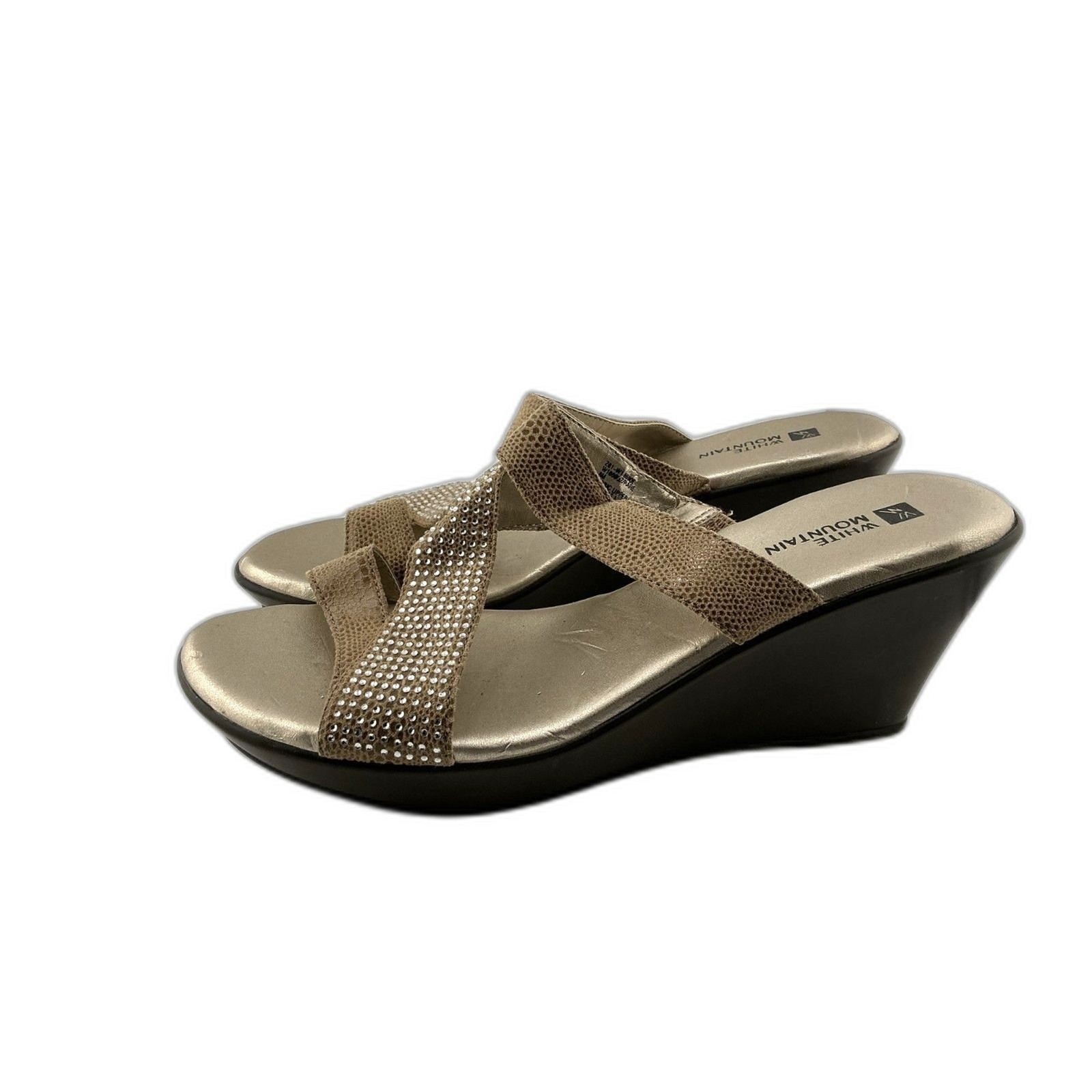 White Mountain Rhinestone Wedge Sandals Women’s Size 8 Beige Snakeskin Slides