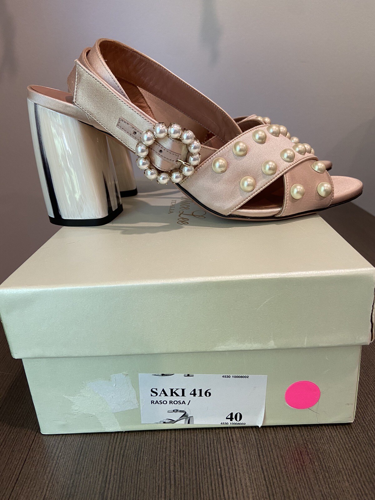 Pollice Lee Pink Satin Heals With Pearls. Multi Colour Block Heal. 3.5 Inches