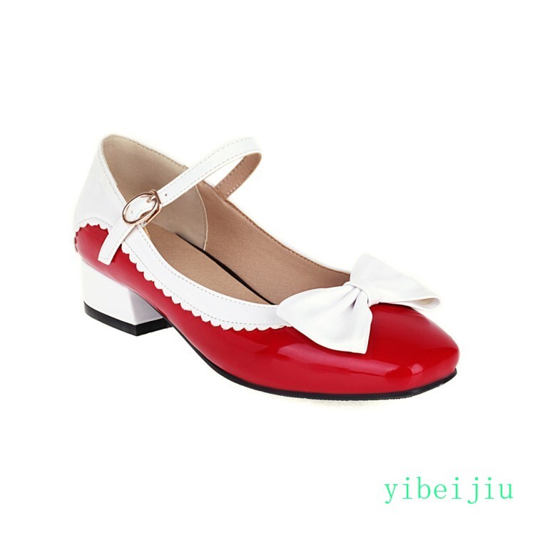 Women’s Low Block Heel Mary Jane Bowknot Colorblock Faux Leather Shoes Wedding