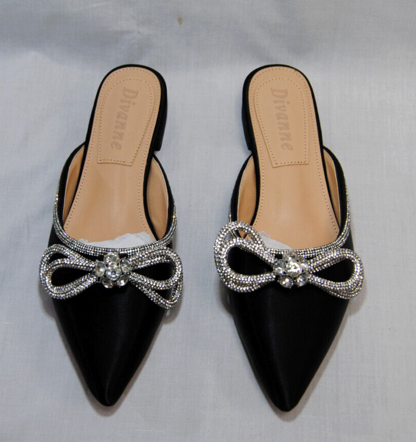 Divanne Women’s Flat Pointed Toe Backless Shoes with Rhinestone Bowknot T2358