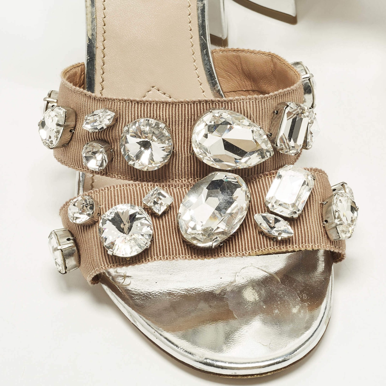 Miu Miu Size 40 Silver Leather Crystal Embellished Ankle Strap Sandals