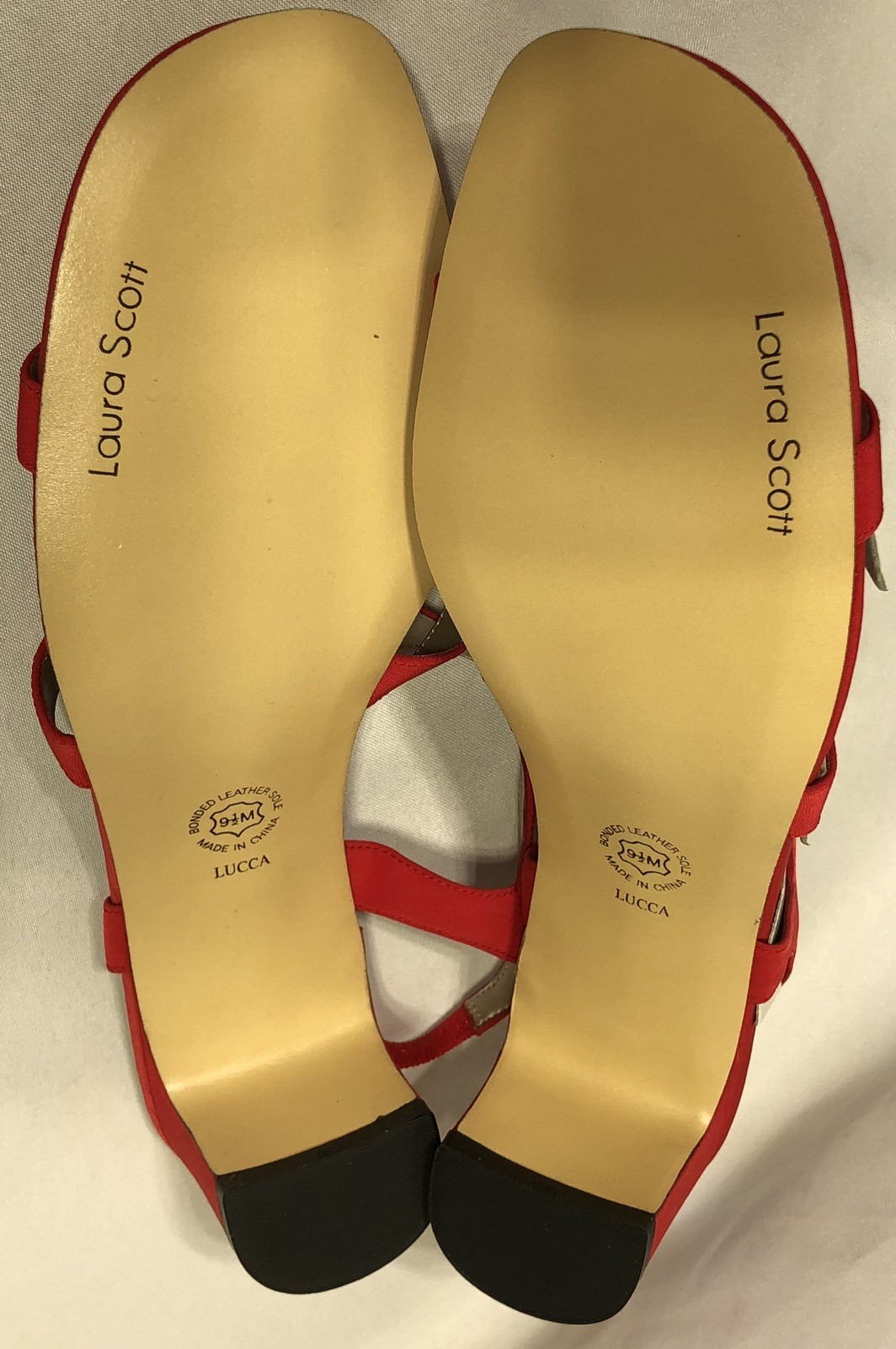 Vintage 90s Laura Scott Fabric Dress Sandals Red Size 9.5M Mid Heel Ankle Strap