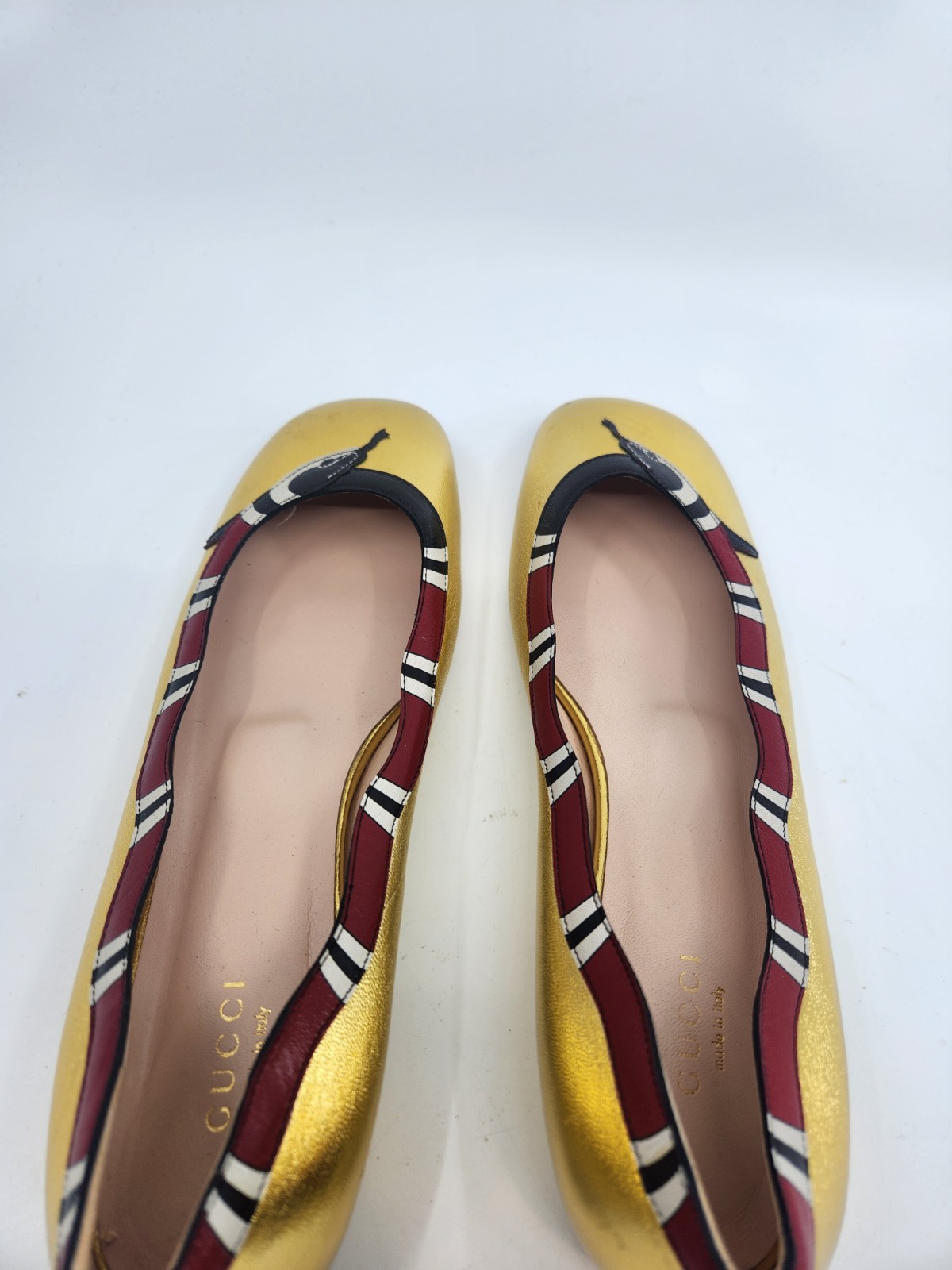 Gucci Yoko King Snake Leather Ballet Flats Shoes Square Toe in GOLD EU 38.5