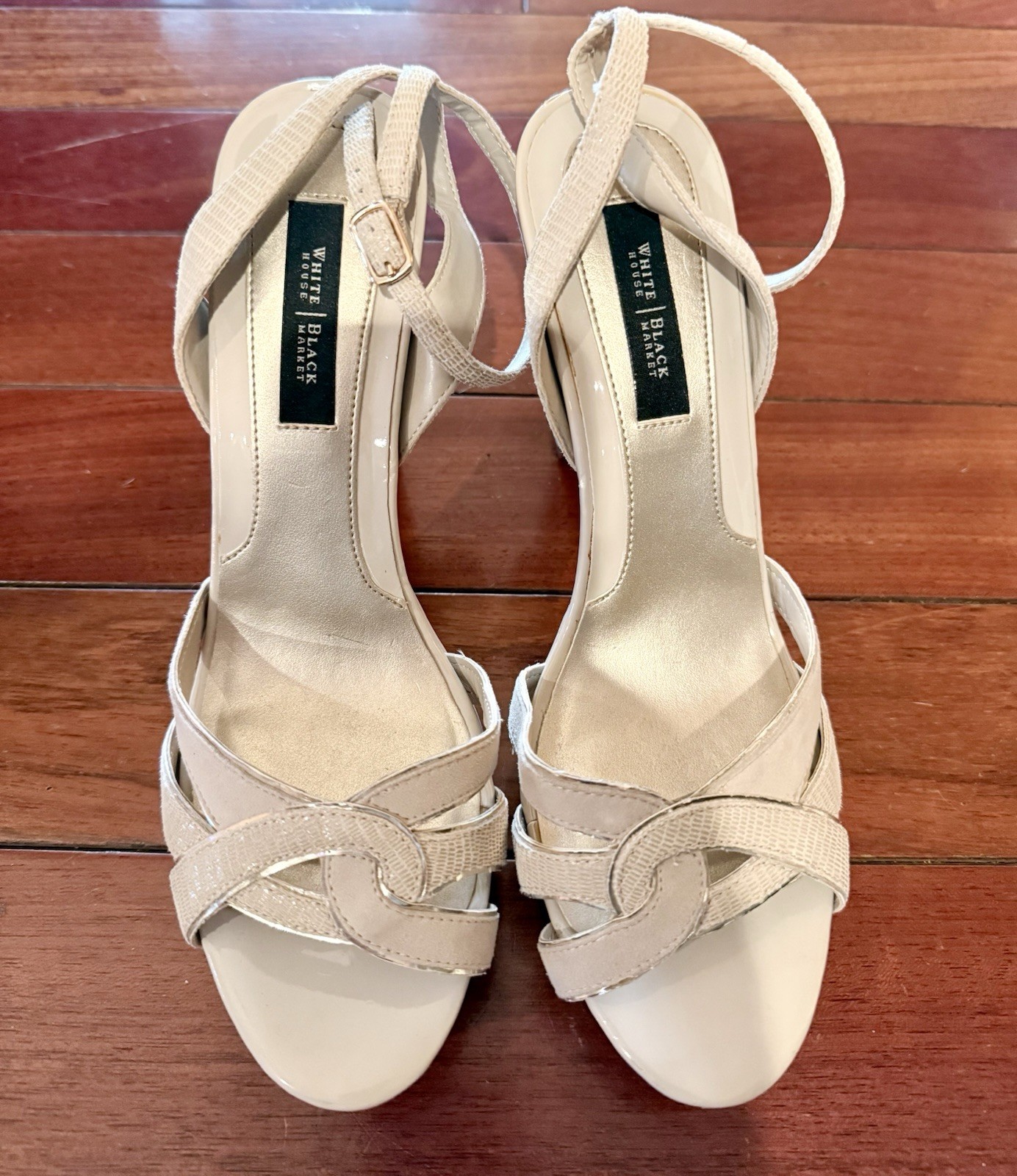 White House Black Market Sz 9M Beige Heels Sandals Strappy Shoes Leather EUC