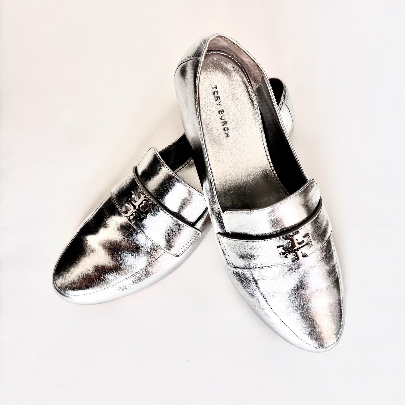 Tory Burch Eleanor Leather Loafer Silver Sz 8.5 New