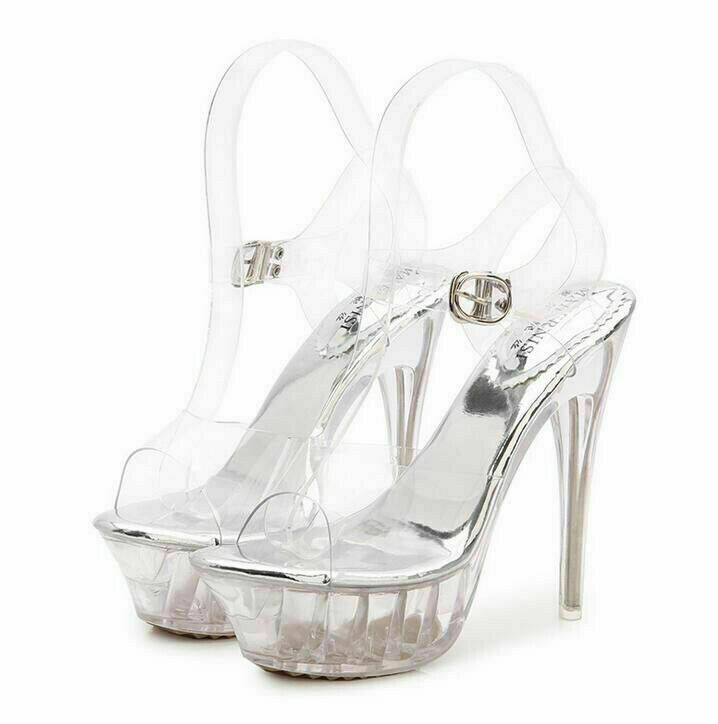 Sexy Womens Clear Ankle Strap Sandals Platform Peep Toe Stiletto High Heel Shoes