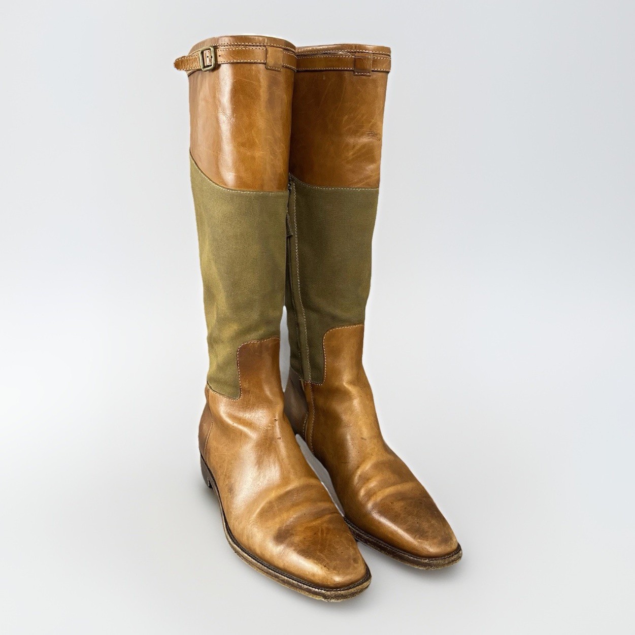 Ralph Lauren Tall Horse Riding Boots Women’s Size 9B Brown Tan Canvas & Leather