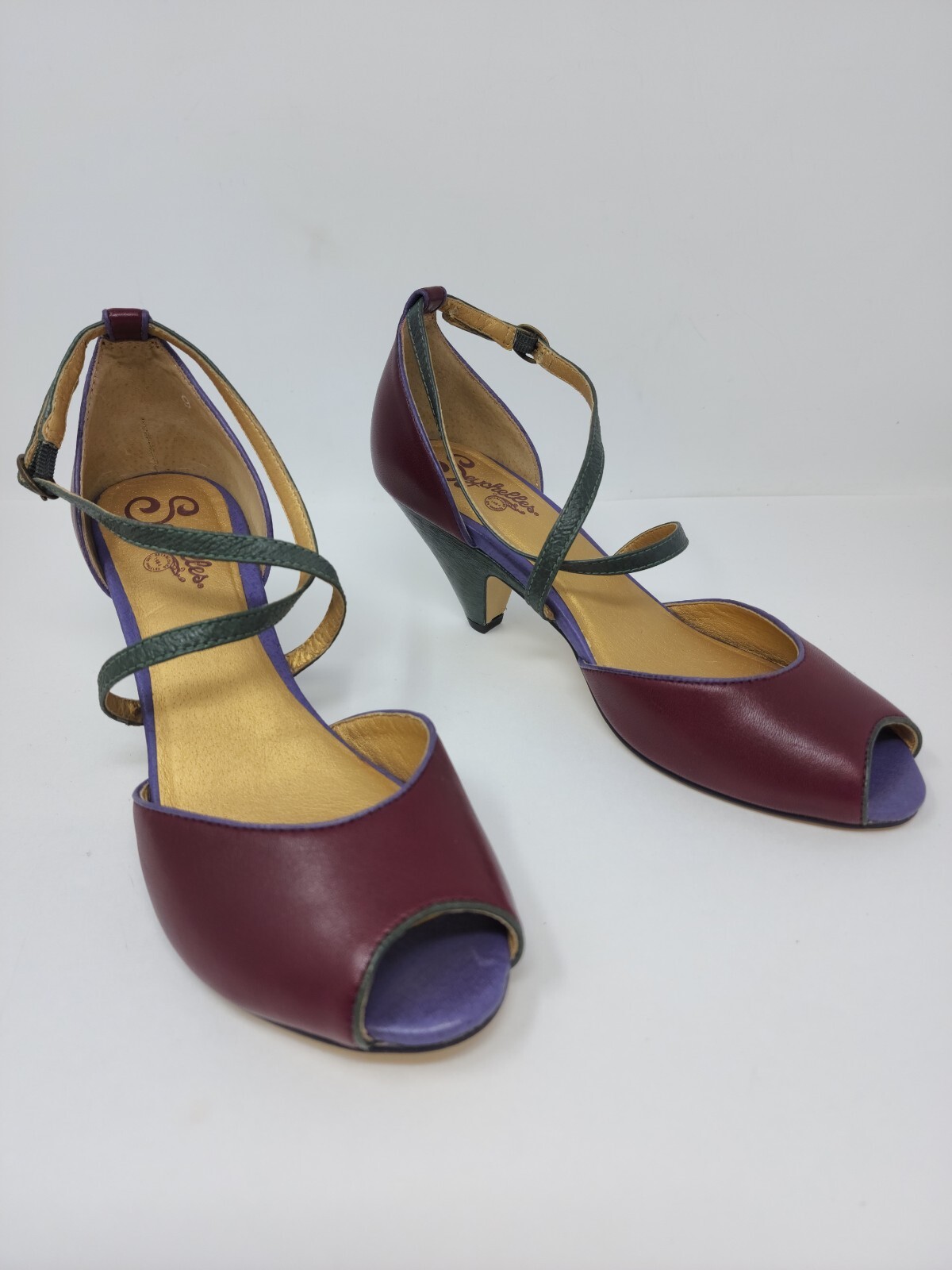 Seychelles Womens 9 Burgundy Green Straps Buckle Heels **Peeling Lining**