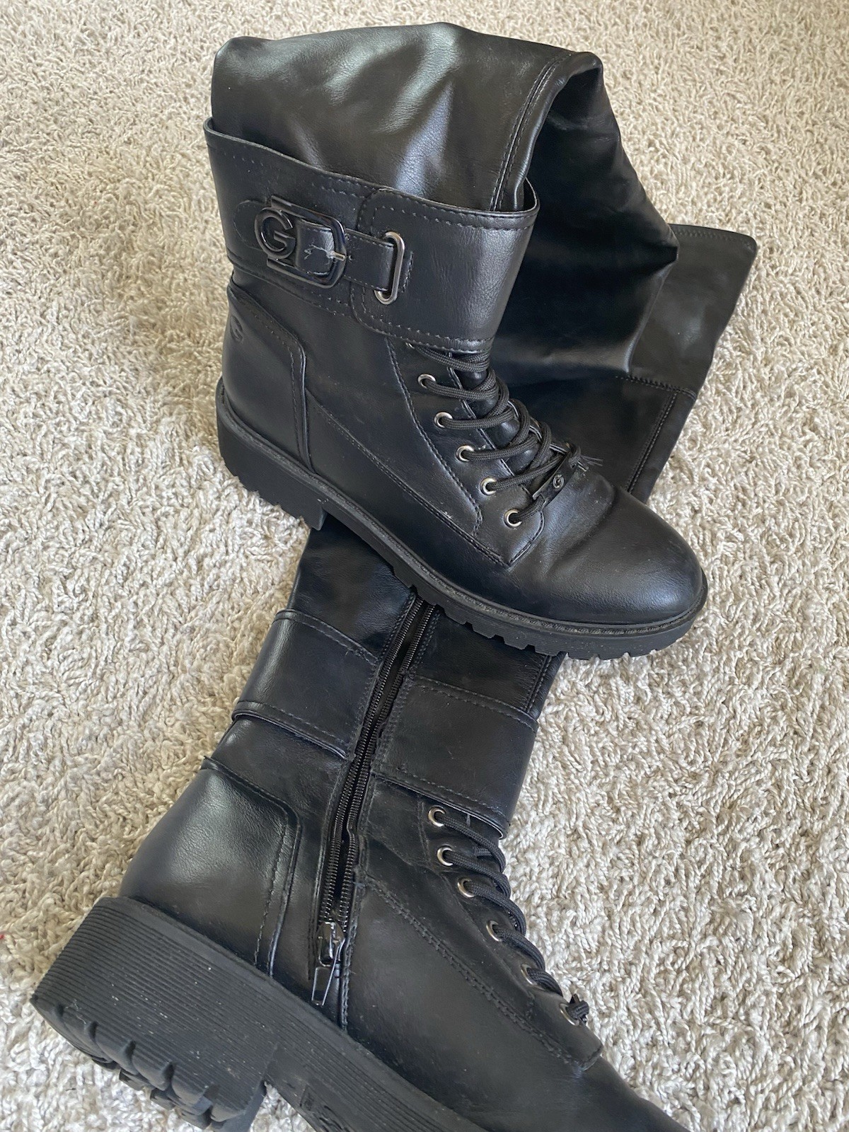 GBG Los Angeles Womens Black Knee High Combat Leather Lace Up Buckle Zip 9M