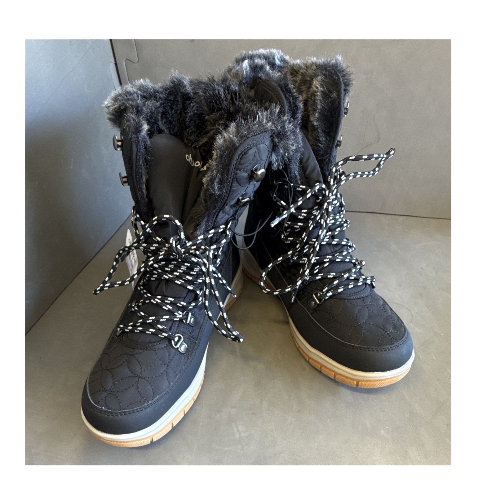 Chooka Belltown Mid Black Quilted Faux Fur Lace Up Mid-Calf Lined Boot US 8