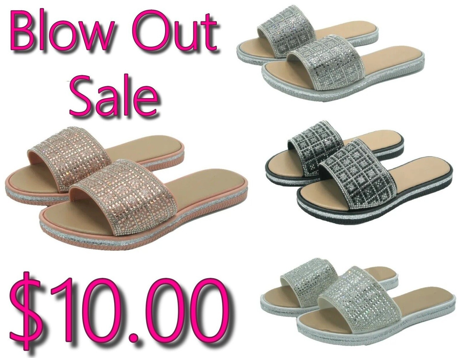 Womens Glitter Wrap Rhinestone Slip on Flip Flop Slide Sandals Sizes 6 7 8 9 10