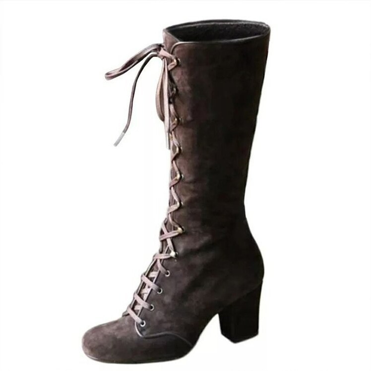 Retro Block Heels Womens Knee High Boots Steampunk Gothic Shoes Lace Up Booties