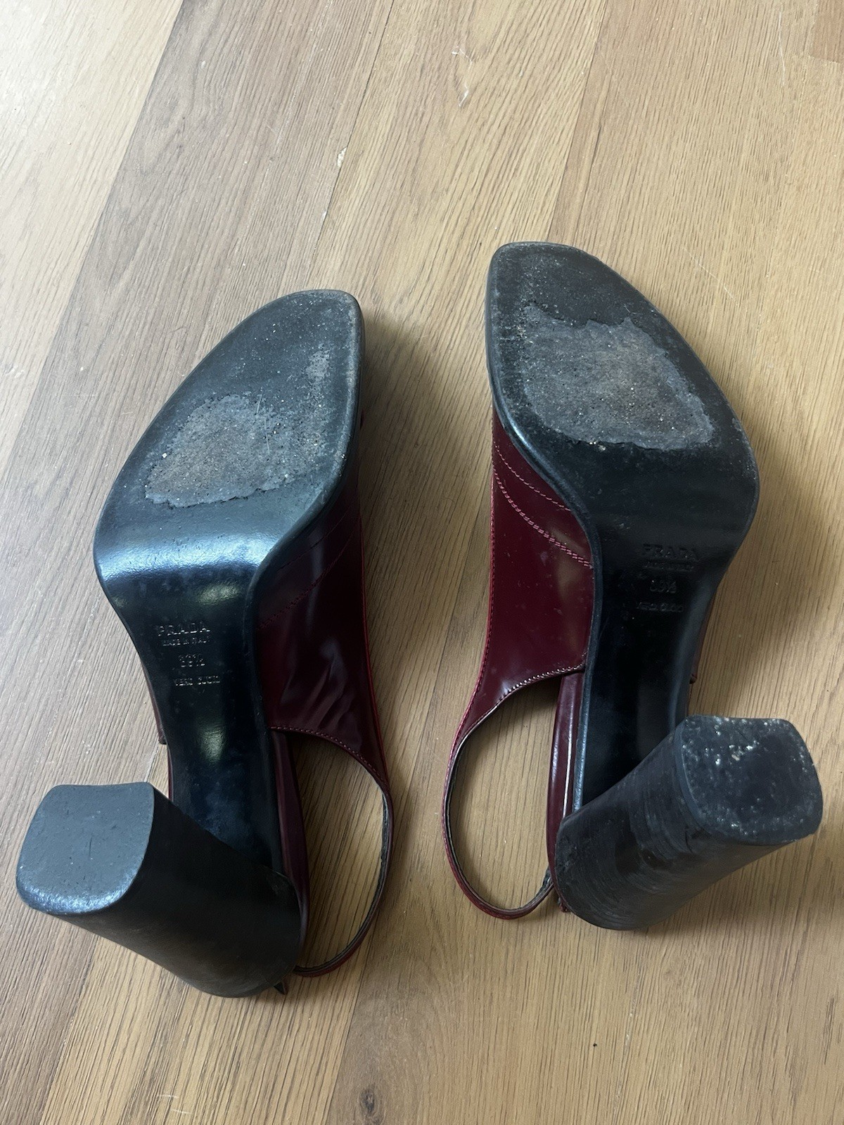 PRADA Burgundy Leather Round Toe Slingback Buckle Block Heel Pumps EU 39.5