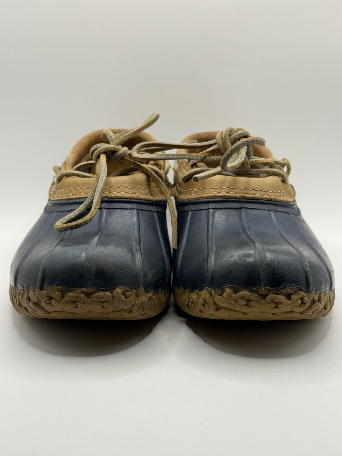 LL Bean Maine Hunting Shoe Womens 8 M Duck Boots Rubber Moc Tan Navy Low Top USA
