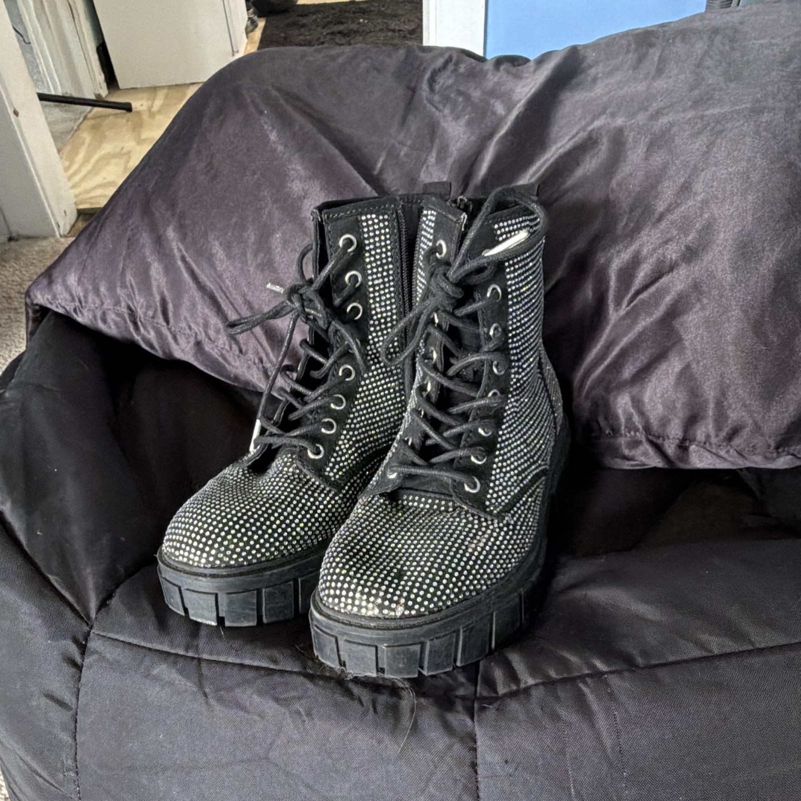 Madden Women’s Combat Ankle Boots Faux Leather Lace-Up Studded Black/Silver 9