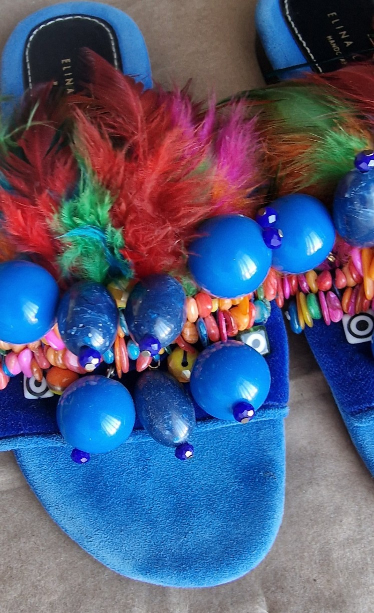 Elina Linardaki Blue Suede Feather Beaded Slide Sandals Handcrafted Greece EU 38