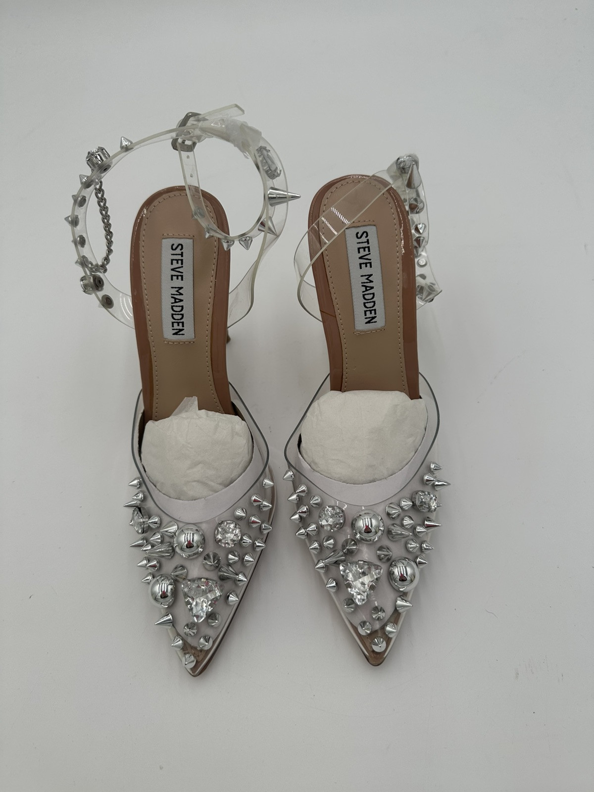 New Steve Madden Aware Clear Spike And Jeweled Heels Womens 5.5