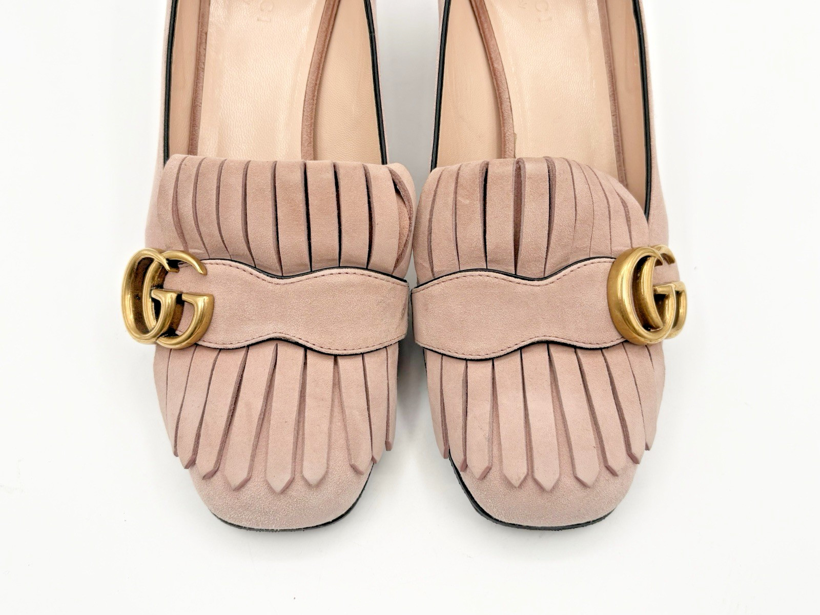 Gucci Pink Suede Fringe Marmont GG Logo Block Heel Low Heel Pumps Size EU 37