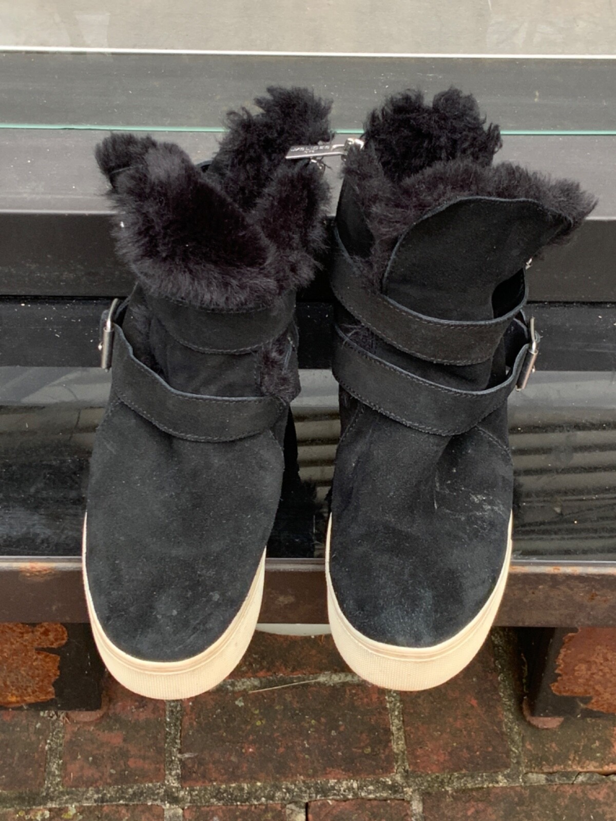 J Slides Womens Suede Wells Black Ankle Boots Faux Fur Lined Sz 8.0