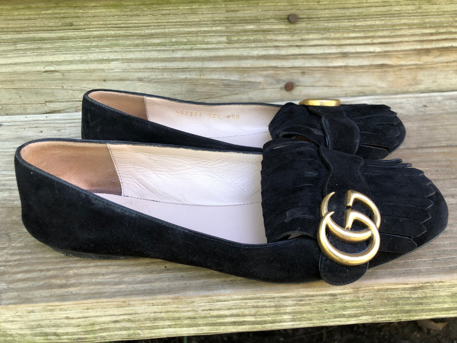 Gucci Black Leather Suede GG Marmont Fringe Ballet Flats Loafers Size 36.5-6.5