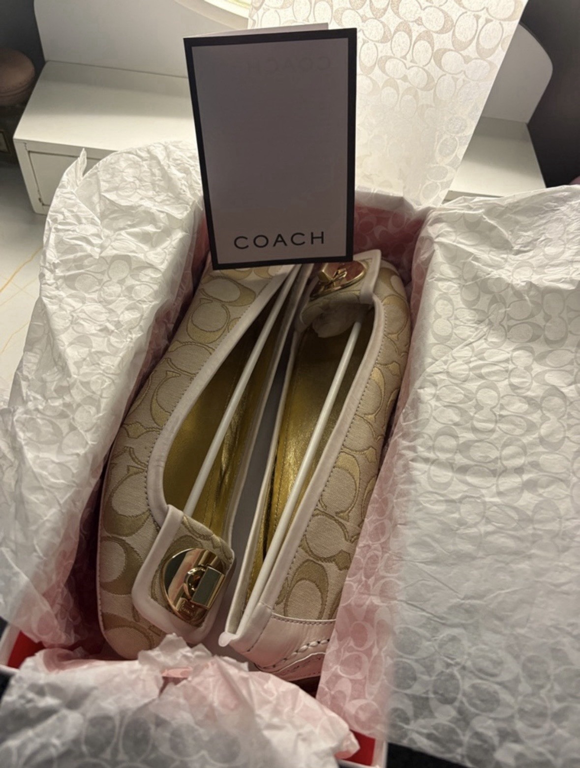 Coach Signature Linen Ballet Flats Beige/Gold Buckle Slip On Womens 9 M