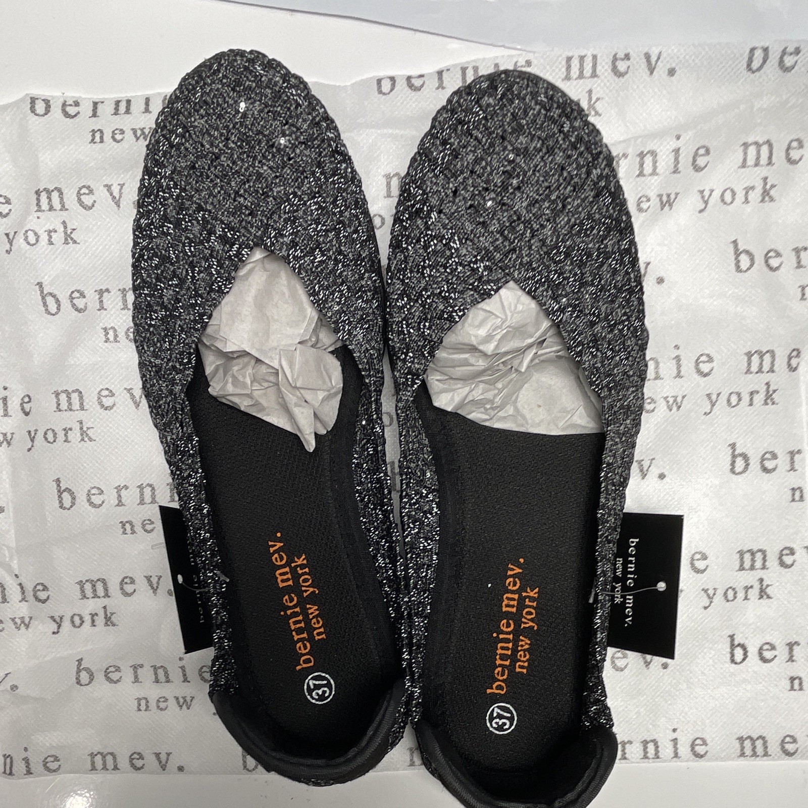 Bernie Mev Women’s Woven Slip-On Ballet Flats Black/Silver Round Toe EU 37 US 6