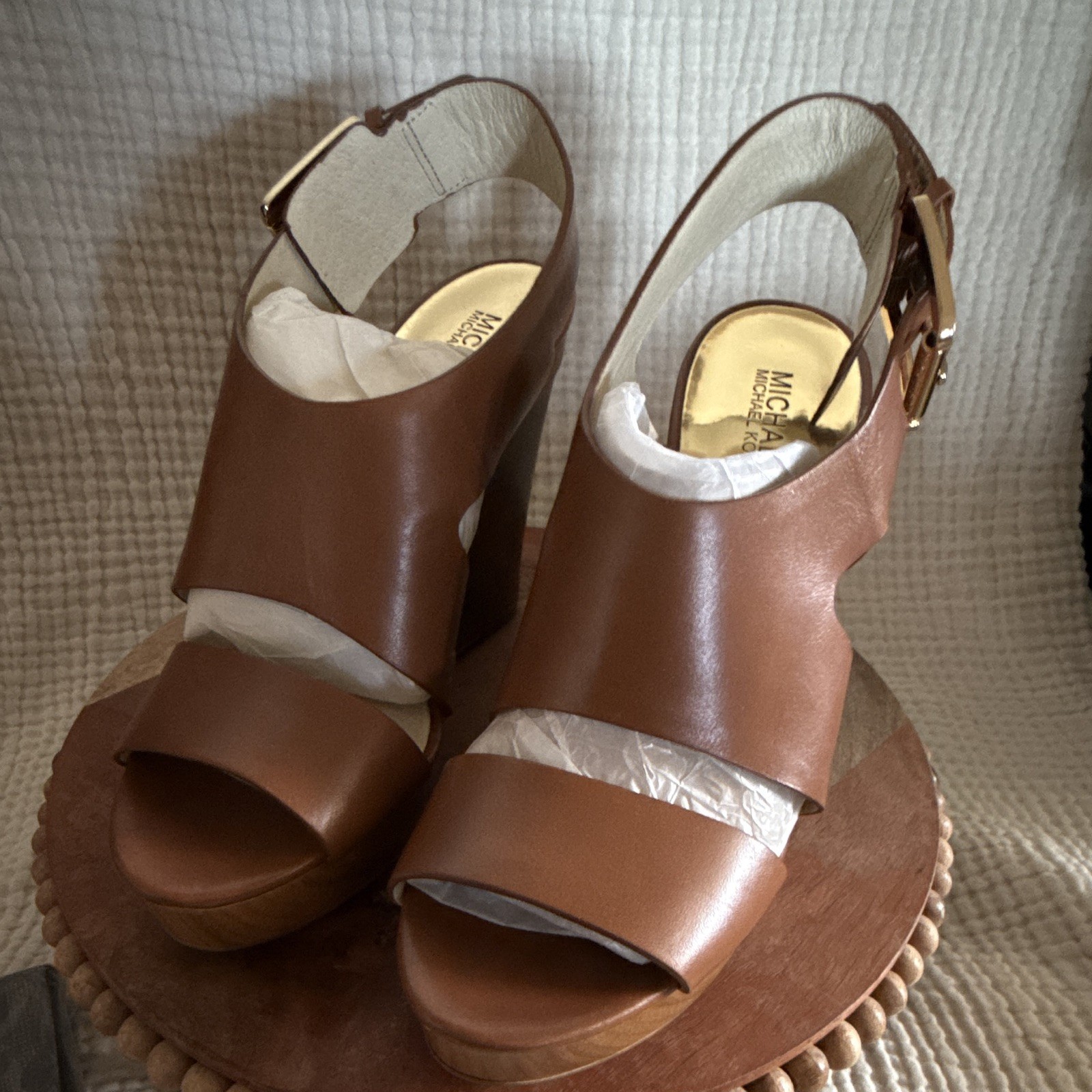 Michael Kors Brown Leather Platform Wedge Sandals Buckle Strap US 9.5