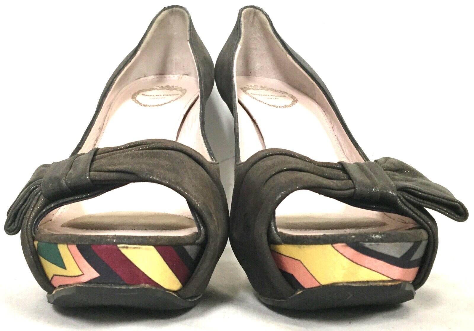 EMILIO PUCCI BROWN SUEDE FEEL W METALLIC PLATFORM PEEP TOE STILETTO PUMPS 38.5