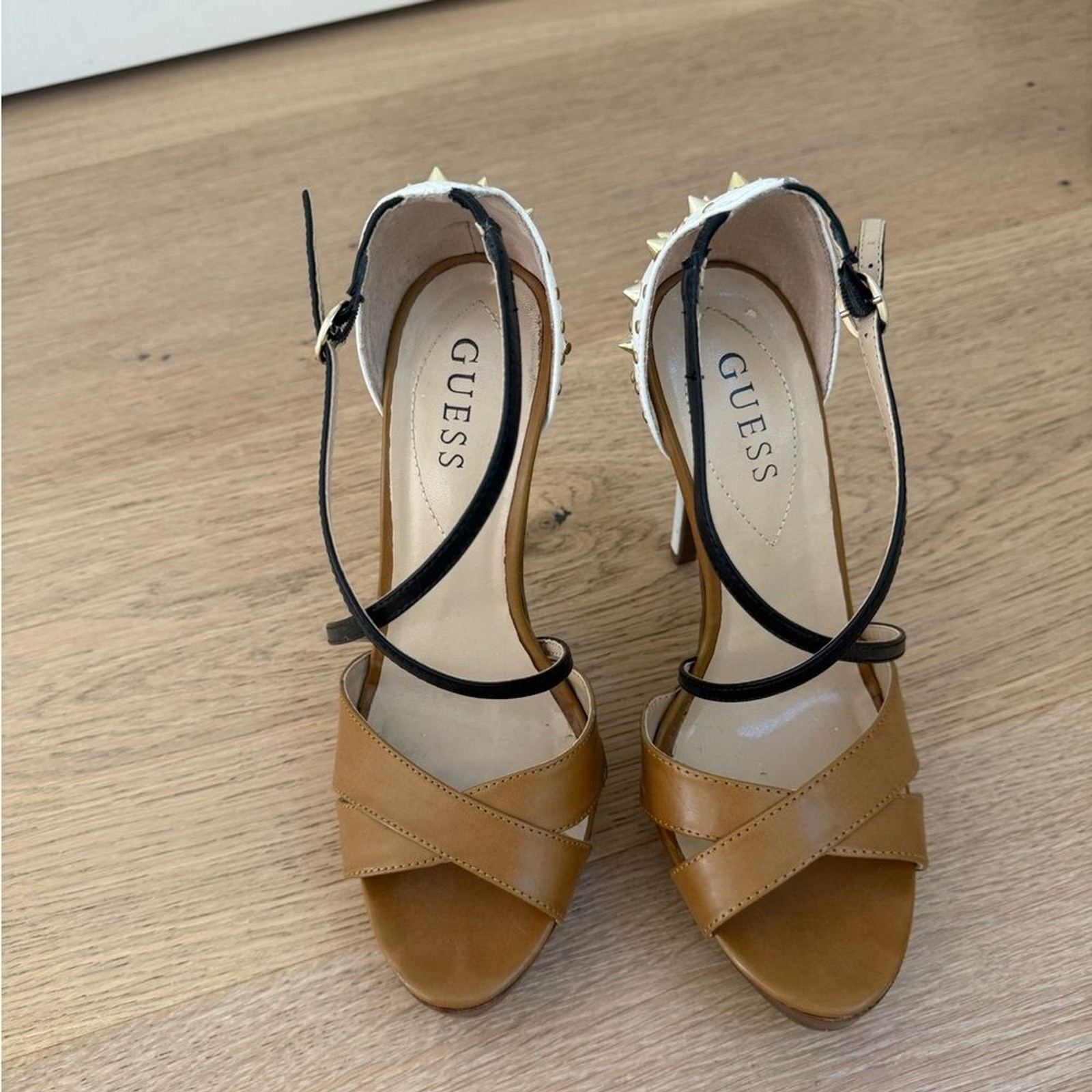 Guess Studded Heel Sandals Strappy Brown White Gold Heels Edgy Chic