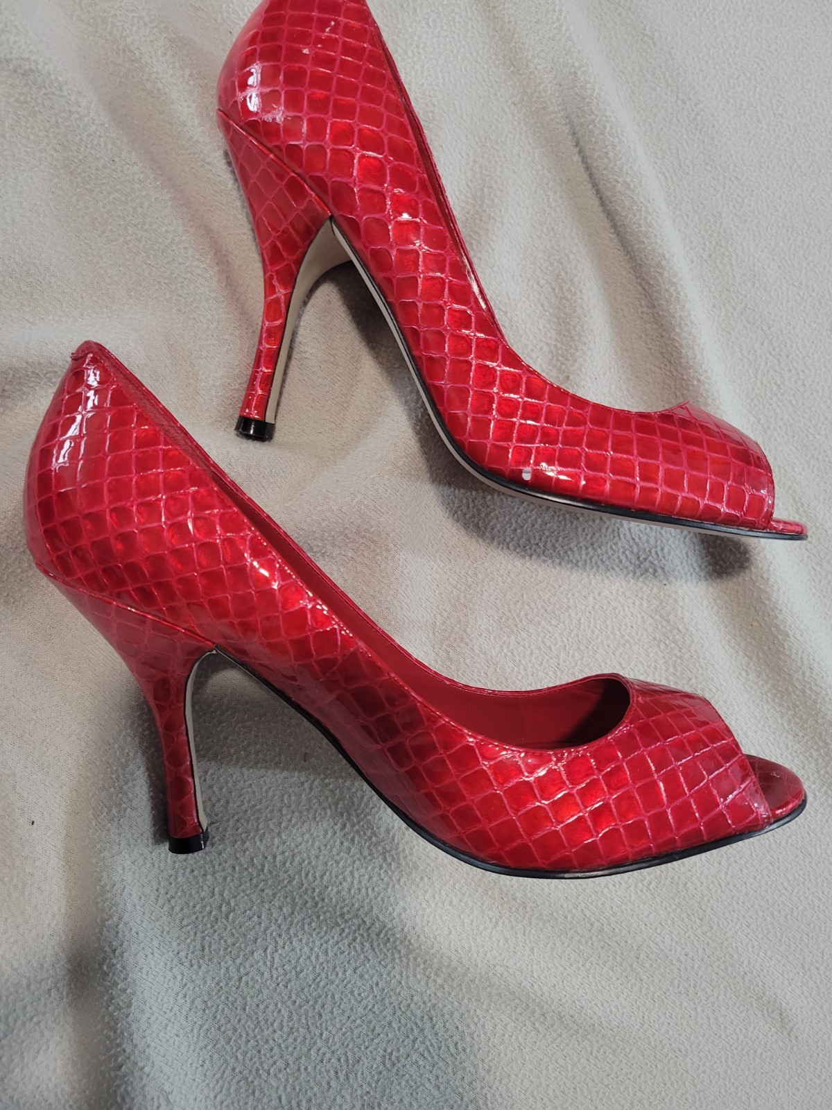Enzo Angiolini Women’s Red Leather Reptile Open Toe Pump Stiletto US 7.5 M