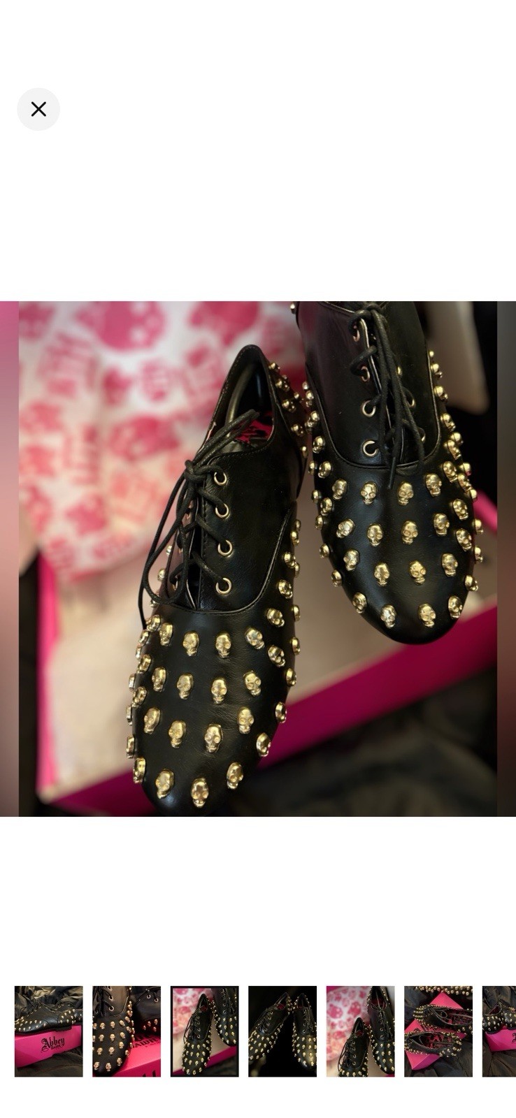 Abbey Dawn Women’s Black Studded Skull Accents Lace-Up Flats Black/Gold Size 8