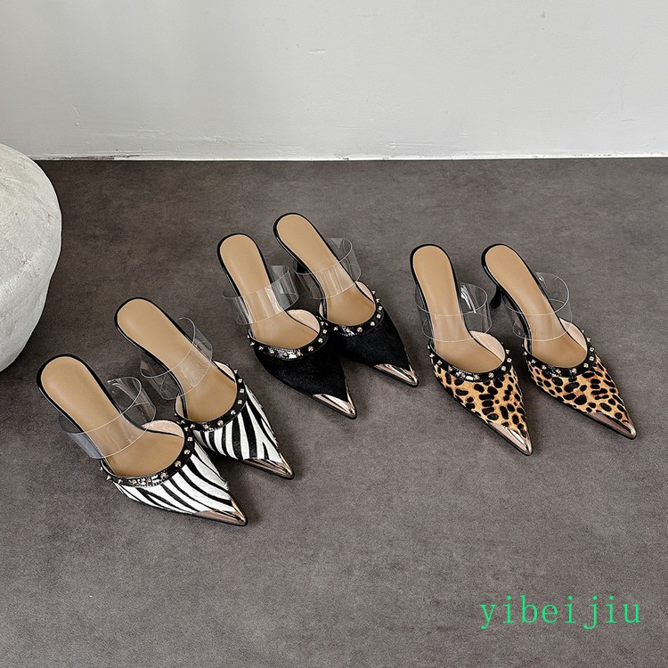 Women‘s Mid Heel Leather Horse Hair Mules Striped Leopard Rivets Dressy Slippers