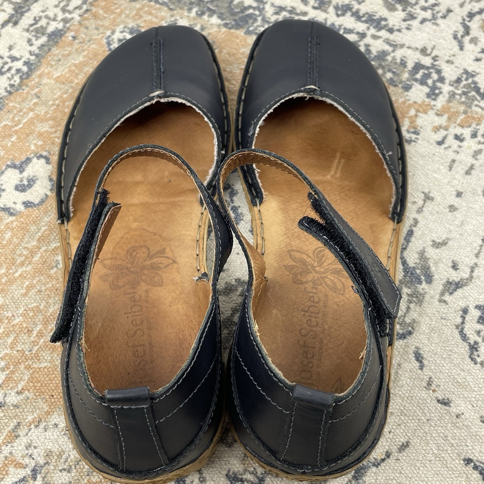 Josef Seibel Rosalie 39 Black Leather Mary Jane Comfort Sandals Hook Loop EUC