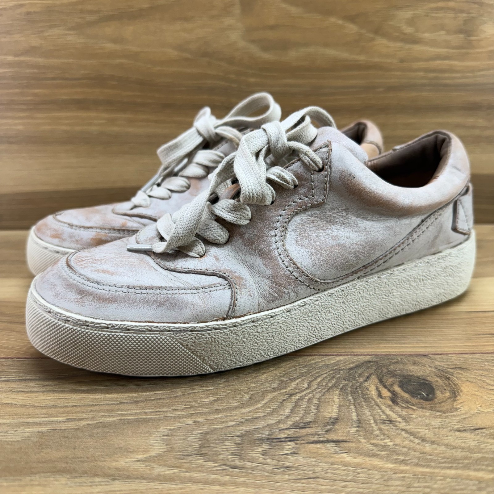 FRYE Distressed Sneakers Womens 6 M White Over Beige Leather Casual Travel Boho