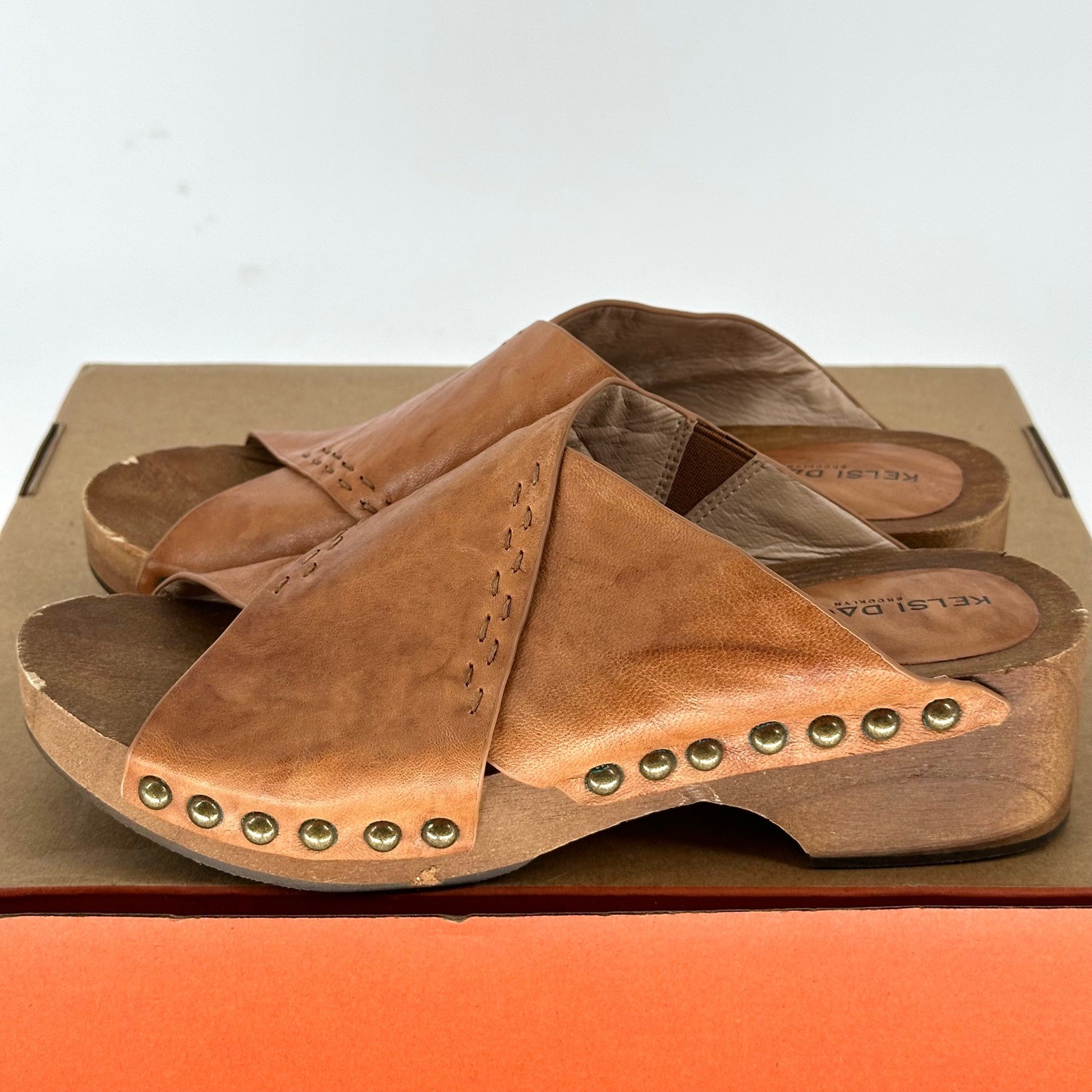 Kelsi Dagger Tan Leather Studded Clog Wood Platform Sandal Boho 8
