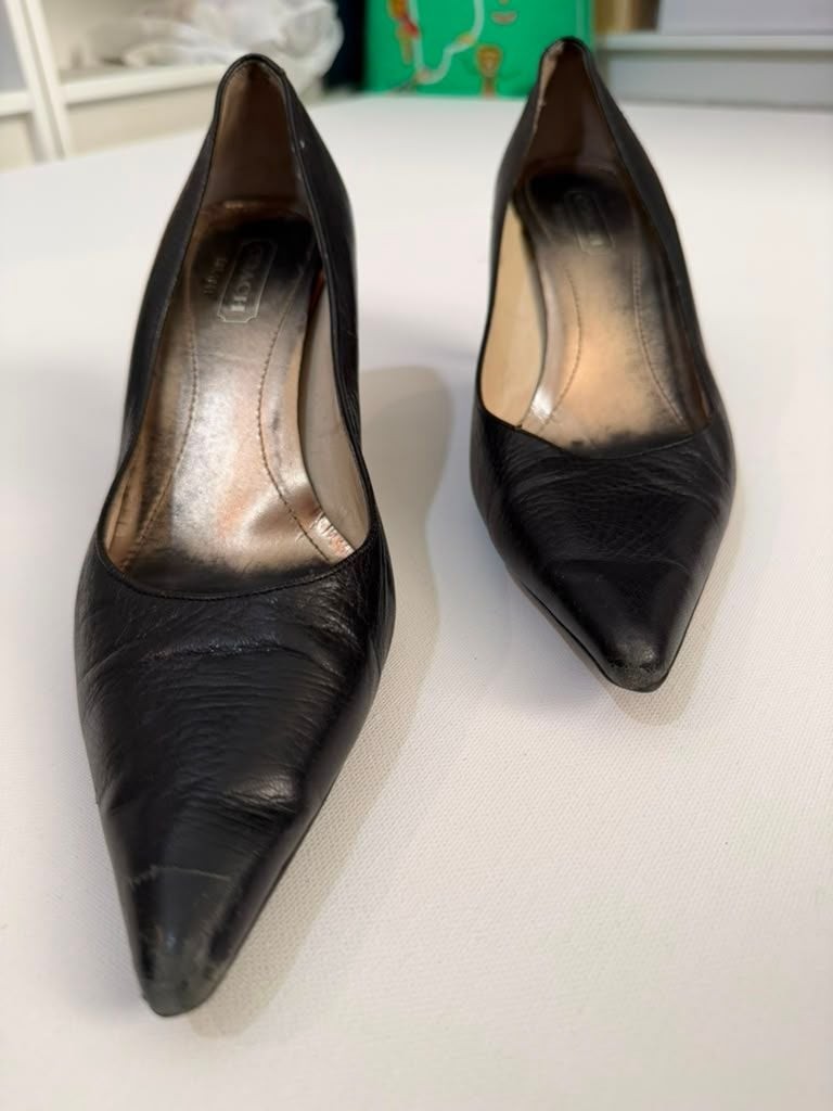 Coach Black Leather Pointed-Toe Kitten Heels