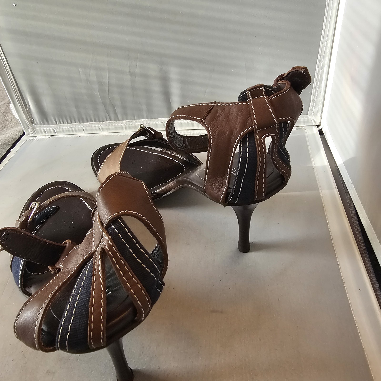 Michelle K Size 11 EU 41 Brown Navy 3.25″ High Heel Buckles Vero Cuoio Italy
